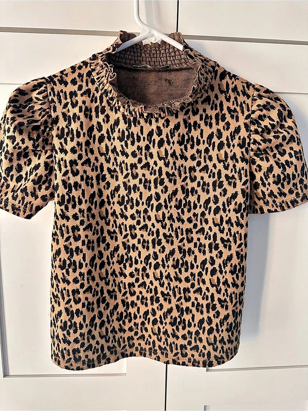 Zara Leopard Print Smocked Mock Neck Puff Sleeve Top Small